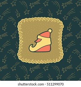 Christmas and New Year vintage ornate frame with Santa Claus head symbol. Doodle illustration greeting card.
