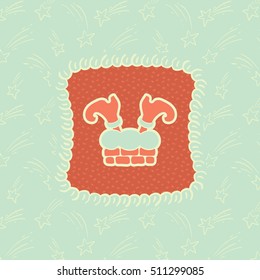 Christmas and New Year vintage ornate frame with Santa Claus legs out of chimney symbol. Doodle illustration greeting card.