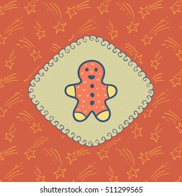 Christmas and New Year vintage ornate frame with Gingerbread Man symbol. Doodle illustration greeting card.