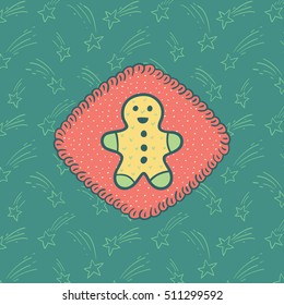 Christmas and New Year vintage ornate frame with Gingerbread Man symbol. Doodle illustration greeting card.