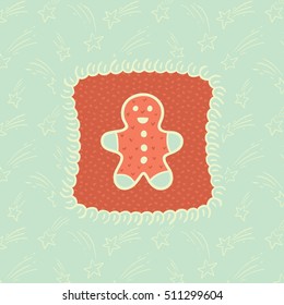 Christmas and New Year vintage ornate frame with Gingerbread Man symbol. Doodle illustration greeting card.