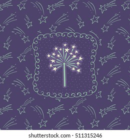 Christmas and New Year vintage ornate frame with firework sparkle symbol. Doodle illustration greeting card.