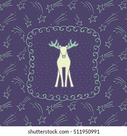 Christmas and New Year vintage ornate frame with Santa's deer symbol. Doodle illustration greeting card.