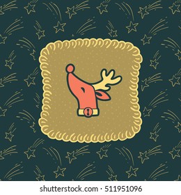 Christmas and New Year vintage ornate frame with Santa's deer head symbol. Doodle illustration greeting card.
