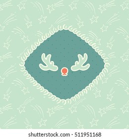 Christmas and New Year vintage ornate frame with Santa's deer horns symbol. Doodle illustration greeting card.