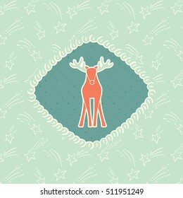 Christmas and New Year vintage ornate frame with Santa's deer symbol. Doodle illustration greeting card.