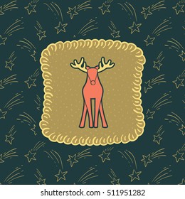 Christmas and New Year vintage ornate frame with Santa's deer symbol. Doodle illustration greeting card.