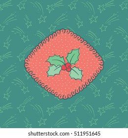 Christmas and New Year vintage ornate frame with holly branch symbol. Doodle illustration greeting card.