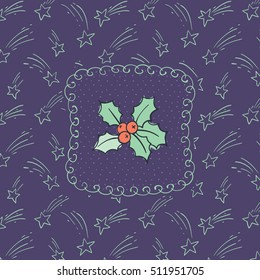 Christmas and New Year vintage ornate frame with holly branch symbol. Doodle illustration greeting card.