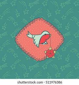 Christmas and New Year vintage ornate frame with with little bird holding tree decoration in beak symbol. Doodle illustration greeting card.