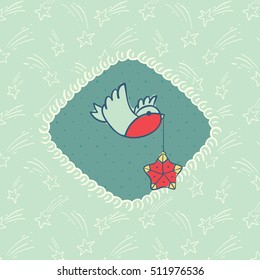 Christmas and New Year vintage ornate frame with with little bird holding tree decoration in beak symbol. Doodle illustration greeting card.