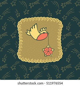 Christmas and New Year vintage ornate frame with with little bird holding tree decoration in beak symbol. Doodle illustration greeting card.