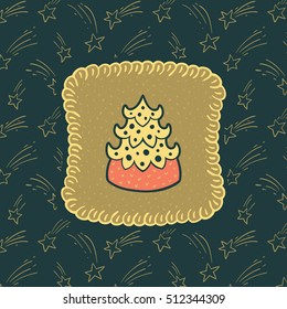 Christmas and New Year vintage ornate frame with fir-tree symbol. Doodle illustration greeting card.