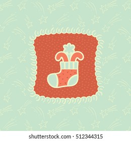 Christmas and New Year vintage ornate frame with gift stocking symbol. Doodle illustration greeting card.