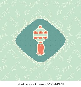Christmas and New Year vintage ornate frame with holiday decoration ball lantern symbol. Doodle illustration greeting card.