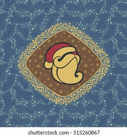 Christmas and New Year vintage ornate frame with Santa Claus head symbol. Doodle illustration greeting card. Fir tree branch background.