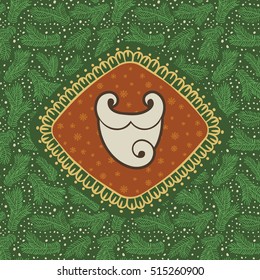 Christmas and New Year vintage ornate frame with Santa Claus beard symbol. Doodle illustration greeting card. Fir tree branch background.