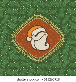 Christmas and New Year vintage ornate frame with Santa Claus head symbol. Doodle illustration greeting card. Fir tree branch background.