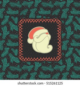 Christmas and New Year vintage ornate frame with Santa Claus head symbol. Doodle illustration greeting card. Fir tree branch background.