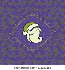 Christmas and New Year vintage ornate frame with Santa Claus head symbol. Doodle illustration greeting card. Fir tree branch background.