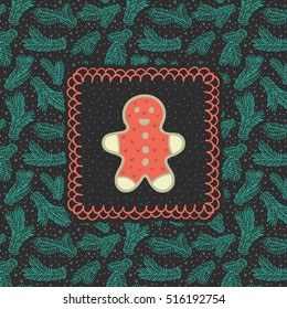 Christmas and New Year vintage ornate frame with Gingerbread Man symbol. Doodle illustration greeting card. Fir tree branch background.