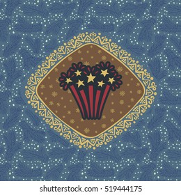 Christmas and New Year vintage ornate frame with star firework symbol. Doodle illustration greeting card. Fir tree branch background.