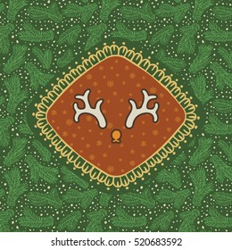Christmas and New Year vintage ornate frame with Santa deer horns symbol. Doodle illustration greeting card. Fir tree branch background.