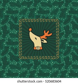 Christmas and New Year vintage ornate frame with Santa deer head symbol. Doodle illustration greeting card. Fir tree branch background.
