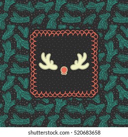 Christmas and New Year vintage ornate frame with Santa deer horns symbol. Doodle illustration greeting card. Fir tree branch background.