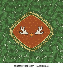 Christmas and New Year vintage ornate frame with Santa deer horns symbol. Doodle illustration greeting card. Fir tree branch background.