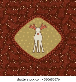 Christmas and New Year vintage ornate frame with Santa deer symbol. Doodle illustration greeting card. Fir tree branch background.