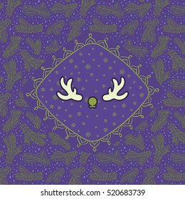 Christmas and New Year vintage ornate frame with Santa deer horns symbol. Doodle illustration greeting card. Fir tree branch background.