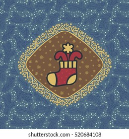 Christmas and New Year vintage ornate frame with holiday stocking symbol. Doodle illustration greeting card. Fir tree branch background.