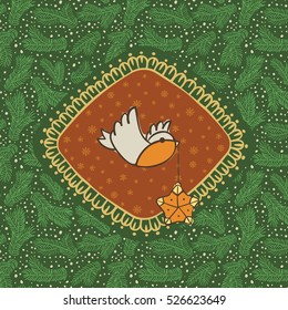 Christmas and New Year vintage ornate frame with little bird holding tree decoration in beak symbol. Doodle illustration greeting card. Fir tree branch background.
