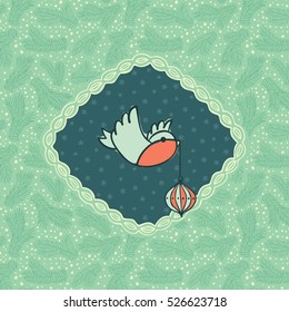 Christmas and New Year vintage ornate frame with little bird holding tree decoration in beak symbol. Doodle illustration greeting card. Fir tree branch background.