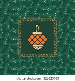 Christmas and New Year vintage ornate frame with japan holiday decoration ball symbol. Doodle illustration greeting card. Fir tree branch background.