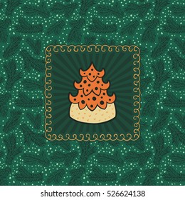 Christmas and New Year vintage ornate frame with holiday fir tree symbol. Doodle illustration greeting card. Fir tree branch background.