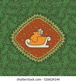 Christmas and New Year vintage ornate frame with Santa sled symbol. Doodle illustration greeting card. Fir tree branch background.