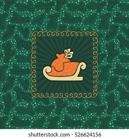 Christmas and New Year vintage ornate frame with Santa sled symbol. Doodle illustration greeting card. Fir tree branch background.