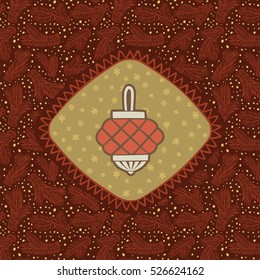 Christmas and New Year vintage ornate frame with japan holiday decoration ball symbol. Doodle illustration greeting card. Fir tree branch background.