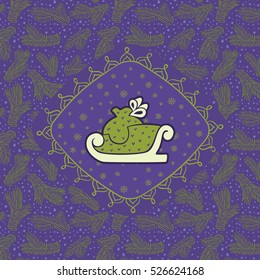 Christmas and New Year vintage ornate frame with Santa sled symbol. Doodle illustration greeting card. Fir tree branch background.
