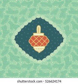 Christmas and New Year vintage ornate frame with japan holiday decoration ball symbol. Doodle illustration greeting card. Fir tree branch background.