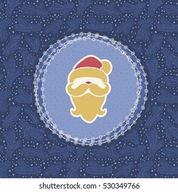Christmas and New Year vintage ornate frame with Santa Claus head symbol. Doodle illustration greeting card. Hand drawn background.