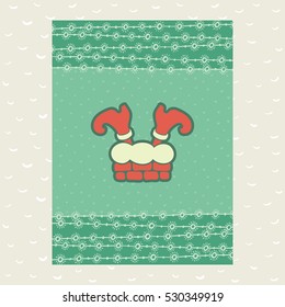 Christmas and New Year vintage ornate frame with Santa Claus legs out of chimney symbol. Doodle illustration greeting card. Hand drawn background.