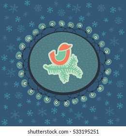 Christmas and New Year vintage ornate frame with little bird sitting on fir tree branch symbol. Doodle illustration greeting card. Hand drawn background.