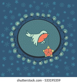 Christmas and New Year vintage ornate frame with little bird holding tree decoration in beak symbol. Doodle illustration greeting card. Hand drawn background.