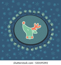 Christmas and New Year vintage ornate frame with Santa deer head symbol. Doodle illustration greeting card. Hand drawn background.