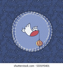 Christmas and New Year vintage ornate frame with little bird holding tree decoration in beak symbol. Doodle illustration greeting card. Hand drawn background.