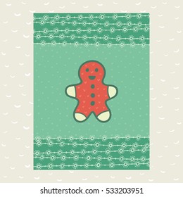 Christmas and New Year vintage ornate frame with Gingerbread Man symbol. Doodle illustration greeting card. Hand drawn background.