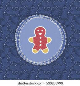 Christmas and New Year vintage ornate frame with Gingerbread Man symbol. Doodle illustration greeting card. Hand drawn background.